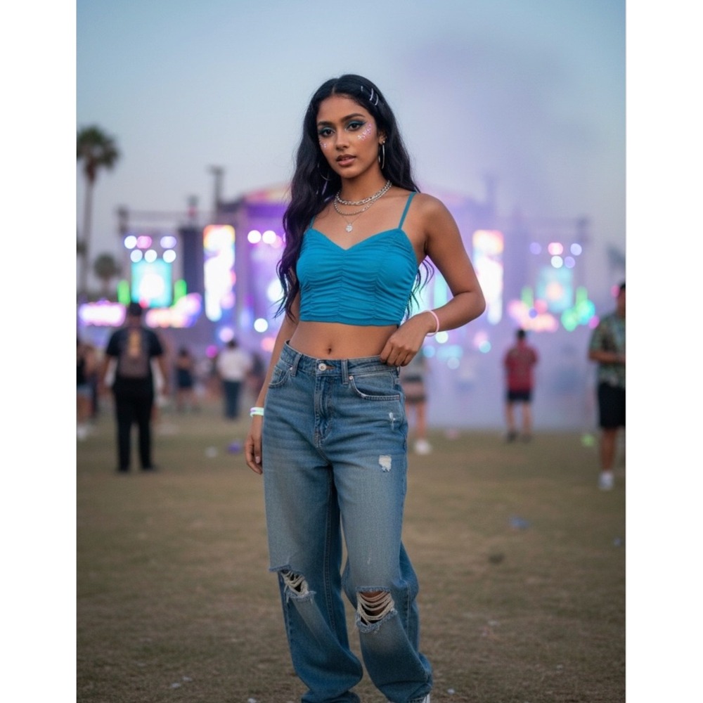 Savage x Fenty Gathered Mesh Cropped Tank Top S Blue